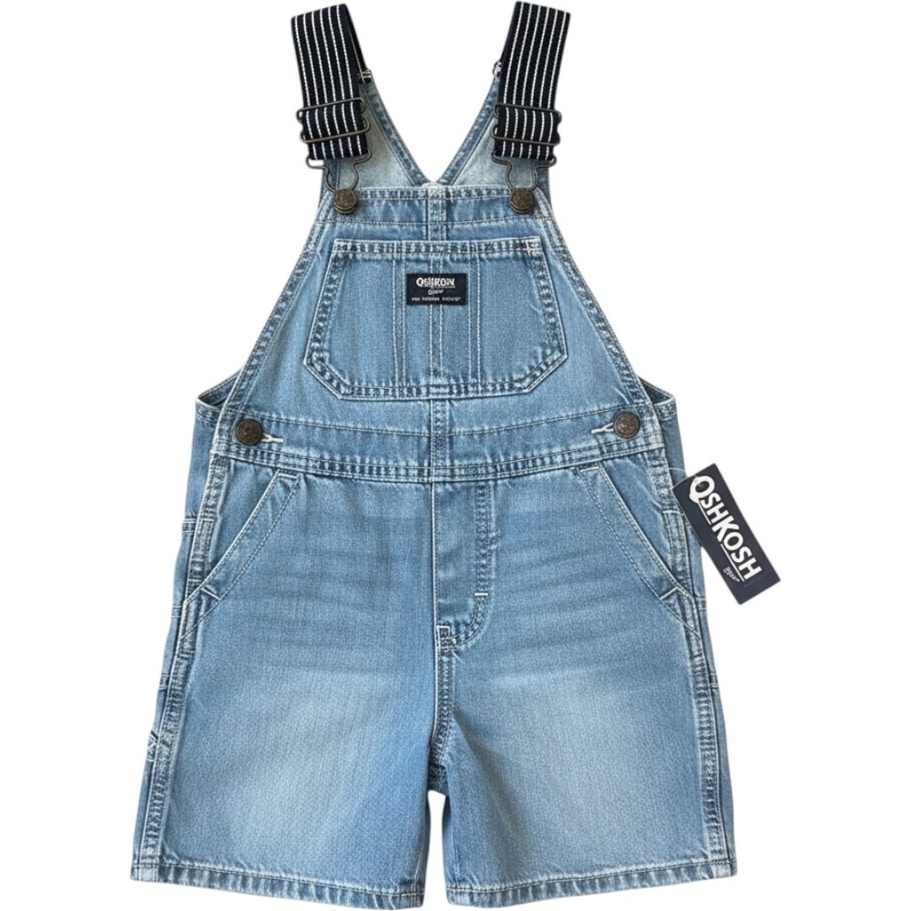 OshKosh Bgosh Toddler Boys 3T Denim Shortalls Light Wash Striped Straps NWT